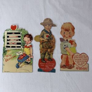 Vtg 1940s Valentine Cards Lot (3) Boys Moving Mechanical Boy Scout Book Worm Pig